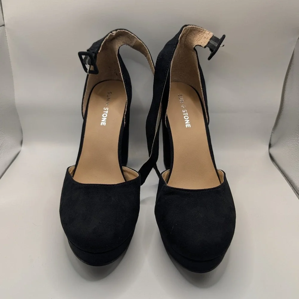 Sun + Stone women's black platform high heels, size 9.5 M.
